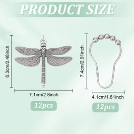 FREEBLOSS 12Pcs Shower Curtain Hooks Rings with Dragonfly Pendant Rust Proof Stainless Steel Bathroom Curtain Hooks for Shower Rods