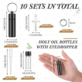 Tandefio 10 Sets Anointing Oil Bottles Keychain Vial Holy Water Container with Dropper Cross Pendant for Travel Baptism Favor(Black)