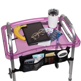 StrongArm Clear View Walker Tray + Bag + Non-Slip Mat & Cup Holder, Tray for Folding Walkers, Food Tray, Walker Accessories, Tray Table for Standard Adult Walkers (Purple)