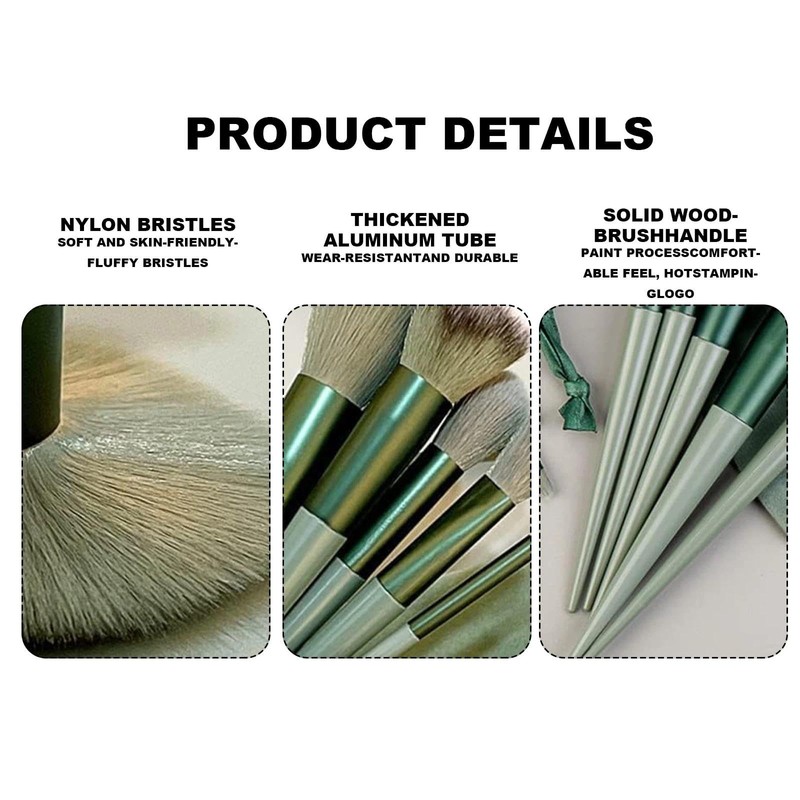 13 Piece Vegan Synthetic Makeup Brush Set No-Shed with Green