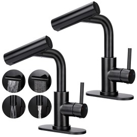 Bietor Bathroom Sink Faucet with 4 Mode Pull Down Sprayer, Matte Black Single Handle Pull Out Faucet with Pop-Up Drain, 1 or 3 Hole Laundry Bar Basin Faucet with Deck Plate