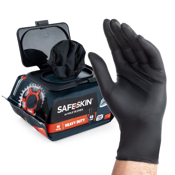 SAFESKIN POP-N-GO Nitrile Gloves, Heavy Duty, Medium, Pack of 40, For DIY Work, Gardening, Bicycles, Motorcycles, Car Maintenance, Painting, Plumbing