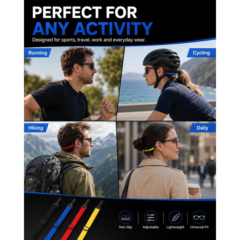 DLPRK Pack of 4 Adjustable Glasses Straps Non-Slip Sports Glasses