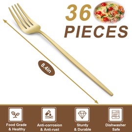 Pleafind 36-Pcs Matte Gold Dinner Forks, 8.4 Inch Forks Silverware, Stainless Steel Forks, Silverware Forks, Mirror Polished Metal Forks, Bulk Forks for Home, Kitchen, Restaurant, Dishwasher Safe