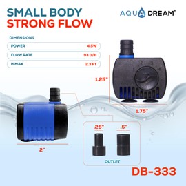 Aqua Dream 90 GPH Submersible Pump(300/H,2.5W) Ultra Quiet Adjustable Water Pump For Pond,Aquarium,Fish Tank,Fountain,Hydroponics,Statuary - 1 Pc