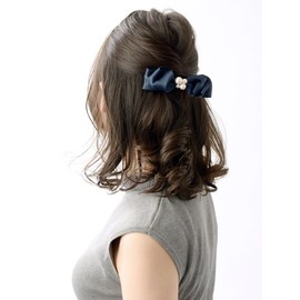 VingTAINE H-992 Cotton Pearl Bijou Satin Ribbon Barrette, Elegant, Office, 3D Hair Accessory, Kiska, navy