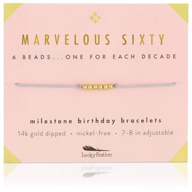 Lucky Feather 60th Birthday Gifts for Women - 14K Gold Dipped Beads Bracelet on Adjustable Cord, 60th Birthday Jewelry Gift Ideas for 60 Year Old Woman