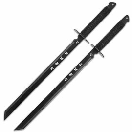 REAT Twin Ninja Sword Set with Sheath,26" Black Oxidized Stainless Steel Blades, Black Cord Wrapped Handles, Full Tang Design, Nylon Sheath That Holds Both Swords Includes Shoulder Strap