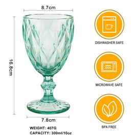 BTGLLAS Pure Light blue Wine Glasses 6Pcs a Set Solid Colors Glass Goblets Dishwasher Safe Colored Glassware With An Embossed Vintage Colored Goblets Pattern Like Crystal (Glass, Light blue)
