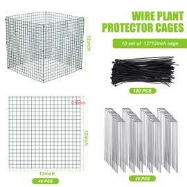 Zubebe 10 Pack Small Wire Plant Protectors Square Plant Protectors from Animals Mesh Cage Chicken Wire Cloche for Shrubs with Ground Stakes and Nylon Ties(Thickness 1mm,Dark Green)