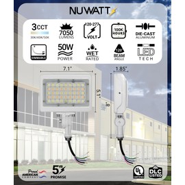 NUWATT 50W LED Flood Light, 3CCT 3000K/4000K/5000K Selectable, IP65 Waterproof Lighting, Adjustable Knuckle Mount, 7050LM, 0-10V Dimmable, 120-277V, Outdoor Security Floodlight for Yard, White, UL