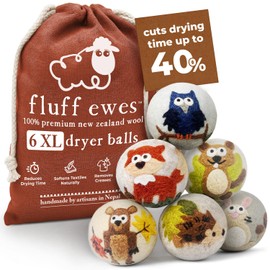 Hustle & Blush Fluff Ewes Wool Dryer Balls 6 Pack - Extra Large Hedgehog and Homies Premium Hand Needled New Zealand Laundry Set, Reduces Drying Time, Static Control, Chemical Free Reusable