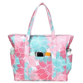 Octsky Beach Bag Roomy Beach Bags for Women Waterproof Sandproof Beach Tote Bag Dual Zipper with Wet Pocket 3 Pockets Outsde,Floral Green