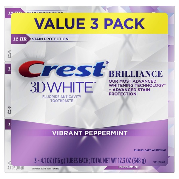 Crest 3D White Brilliance Vibrant Peppermint Teeth Whitening Toothpaste, 4.1 Ounce (Pack of 3)(Packaging May Vary)