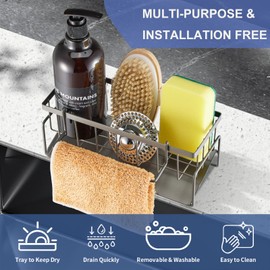 Sponge Holder for Kitchen Sink, Sink Caddy with Auto Draining Tray Hanging Rod, Rustproof Stainless Sink Caddy Kitchen Sink Organizer, Kitchen Gadgets Soap Dispenser Kitchen Organizers and Storage