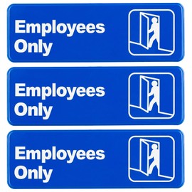 Excello Global Products Employees Only Sign: Easy to Mount Informative Plastic Sign with Symbols 9"x3", Pack of 3 (Blue)