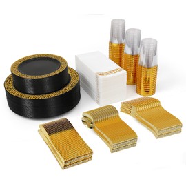 BAYZZ 350 Piece Black and Gold Dinnerware Set for 50 Guests - Lace Design Plastic Plates, Silverware, Cups, Napkins for Party