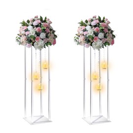 Clear Acrylic Vases Flower Stand Wedding Centerpieces with Hanging Glass Tealight Globe Candle Holders for Event Party Table Decoration Display Rack Column (2, 32 inch)