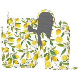 HEROARMOUR Lemon Fruits White Flower Oven Mitts Pot Holders Set Silicone Kitchen Gloves Lemon Potholders Non-Slip Heat Resistant for Chef Baking Cooking Grilling BBQ 4 pcs Kitchen Mitts