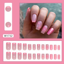 EYZOTSF Press on Nails Short Square Shaped Artificial Extra Short Length Square False Nails with Designs Acrylic French Square Fake Nails Glue ons Fingernails with Charms for Women Girls(W1732)