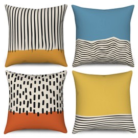 Hnmdmyi Boho Cushion Cover, 45 x 45 cm, Set of 4, Mid Century Abstract Modern Geometric Decorative Cushion Covers, Blue Yellow Burnt Orange Linen Cushion Cover for Sofa Couch Bed Garden Outdoor Home