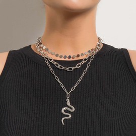 TseenYi Layered Snake Pendant Necklace Paperclip Chain Multilayer Necklace Silver Disc Station Choker Necklace Punk Layered Necklace Chain Jewelry for Women and Girls