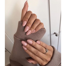 Nude Pink Press on Nails Short Almond Oval Glossy Fake Nails 24Pcs, Solid Color Nails press ons 12 Sizes, Reusable Nail Kit, Stick on Nails for Women and Girls Daily Wear