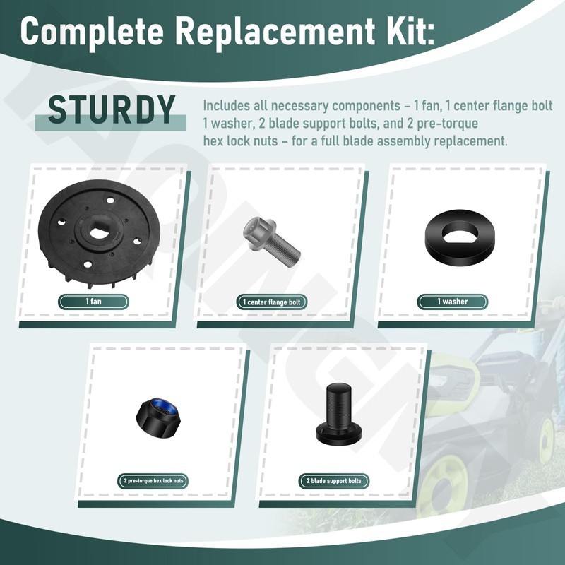 Lawn Mower Blade Replacement Kit – Includes Fan, Bolts, Nuts,