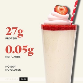Keto Chow Strawberry Cream Core (Unsweetened) - Keto Meal Replacement Shake Powder - Nutritionally Complete - Low Carb - Delicious Easy Meal Substitute - Protein Rich, Dairy Free - Single Meal Serving