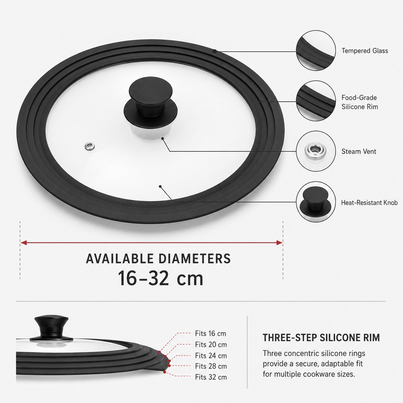 Universal Silicone Glass Pot Lid with Steam Vent, 16-32cm