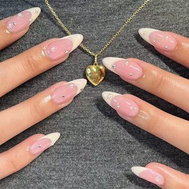 DOUBNINE Press On Nails Long Almond Pink Nude Pearl Crystal French Tip Natural Full Cover Ballerina Exquisite False Fake Nails Artificial Nails for Women Stick on Nails With Glue on Static Nails