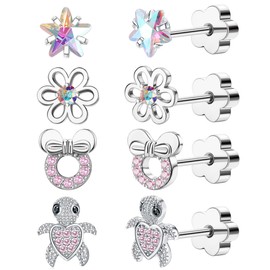 Flat Back Hypoallergenic Earrings for Girls Women 20G Surgical Steel Screw Cartilage Earrings for Sensitive Ears Handmade Silver Cute Star Flower Turtle Flatback Earrings Studs