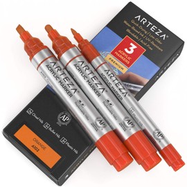 Arteza Acrylic Paint Markers, Pack of 3, A102 Orange, 1 Thin and 2 Thick (Chisel + Bullet Nib) Acrylic Paint Pens, for Metal, Canvas, Rock, Ceramic Surfaces, Glass, Wood, and Fabric