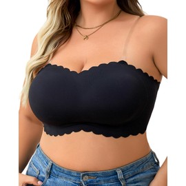USEASY Strapless Bras for Women Scalloped Wireless Everyday Bra Push Up Full Coverage Bandeau Bras Black 1XL