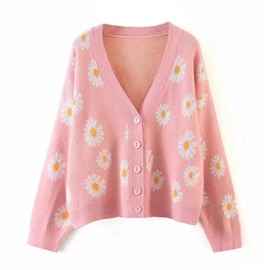 Hyipels Women's Long Sleeve Cardigan Sweater,Cute Y2K Top Knit Colorful Patterned V Neck Button Outwear S~XL