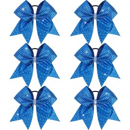 OAOLEER 6PCS Glitter Cheer Hair Bows for Cheerleading, Shiny Rhinestones Large Jumbo Cheer Bow with Ponytail Holder for Teen Girls Cheerleader (Blue)