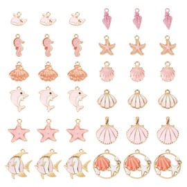 FASHEWELRY 48 Pcs Alloy Enamel Pendants Ocean Animals Starfish Conch Seashell Fish Pink Dangle Earring Charms for DIY Summer Beach Jewelry Making Bracelet Necklace