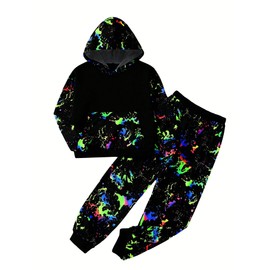 RoseSeek Boy's 2 Piece Reflective Splash Ink Print Long Sleeve Hoodie Sweatshirts and Sweatpants Set Black 11-12Y
