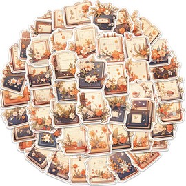 50 Pack Book Flower Stickers Vinyl Cartoon Reading Sticker for Water Bottle Laptop Skateboard Scrapbook Guitar Notebook Bike Luggage Car,Waterproof Aesthetic Flower Decals for Teens Girls Adults