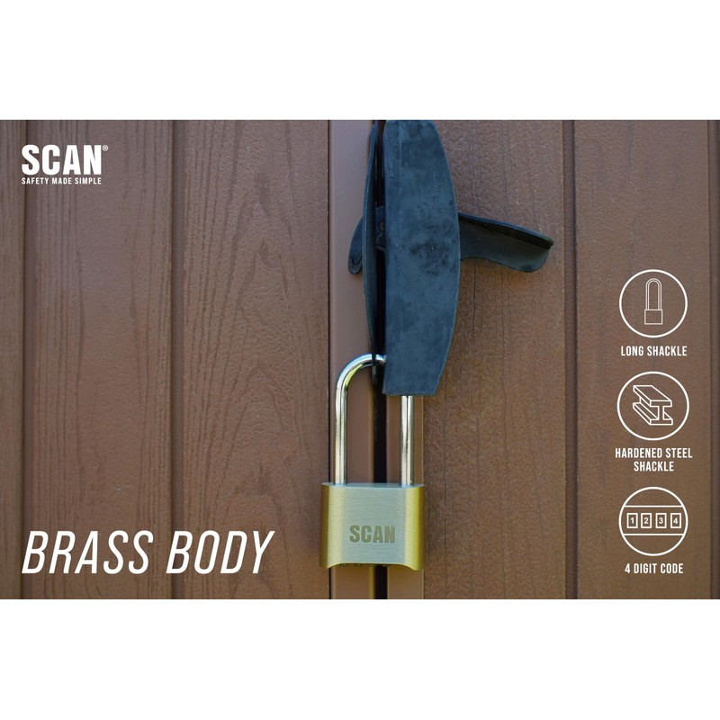SCAN SCAPLBCOMLS Long Shackle Brass Padlock Combination, 50mm