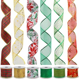 Christmas Gift Ribbons (6 Pieces) 5.48 m Chequered, Sparkling, Decorative, Glitter, Tulle, Organza Christmas Tree Gift Ribbons, Gift Wrapping, DIY, Bows, Party Decoration (6 cm Wide)