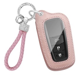 ontto Smart Remote Car Key Case Fit for Toyota Camry Rav4 Corolla Cross Corolla Hatch Highlander 4Runner Land Cruiser Tundra 2019-2025,Leather Key Fob Housing with Bling Keychain,Pink