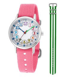 CHAOTECHY Kids Analog Quartz Wrist Watch Girls Boys Learning Watch 2pcs Change Interchangeable Textile Strap,Learning Read Time（Pink+Green）