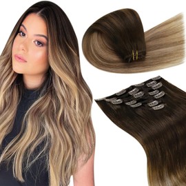 LaaVoo Clip in Hair Extensions Real Human Hair 7pcs 140g 24 inch Balayage Darkest Brown to Medium Brwon and Dark Blonde Hair Extensions Clip in Remy Human Hair Extensions Clip in Real Hair #2/6/18