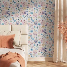 VistaPalette 18"x236" Watercolor Blue/Purple Peony Floral Peel and Stick Self Adhesive Wallpaper Removable Contact Paper Stick on Easy Peel Off Wall Paper for Kitchen Bedroom Bathroom Renter