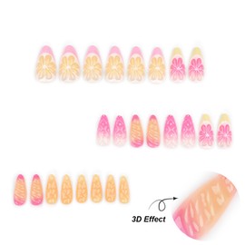LPOODDNU 3D Fruit Press on Nails Almond Medium Fake Nails Glossy Pink Yellow French Tips False Nails with Orange Lemon Designs Cute Summer Stick on Nails Acrylic Glue on Nails for Women, 24Pcs