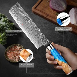 Damascus Nakiri Knife 7 inch, Professional Chef Knives set, Sharp Kitchen Knife set, Hand Forged 67-Layers High Carbon Stainless Steel Cooking Knife for Meat & Vegetable Cleaver With Gift Box, Blue