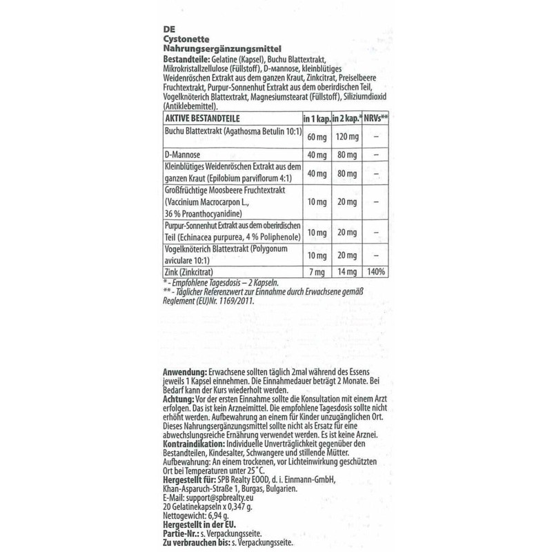 Cystonette Natural Dietary Supplement with D-Mannose, Cranberries and Hibiscus Flowers,