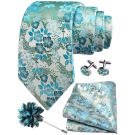 Gusleson Mens Green Tie for Wedding Silk Blue Floral Necktie Pocket Square Cufflinks and Lapel Pin Brooch Set (UK6107-17)