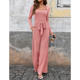 LOOKBOHO One Piece Jumpsuits for Women Dressy Casual Square Neck Elegant Wedding Guest Jumpsuit Wide Leg Long Romper Dusty Pink M
